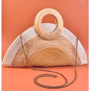 Antik Kraft Clutch Raffia Natural Multi Woven Wooden‎ Handle Cabo resort Wear